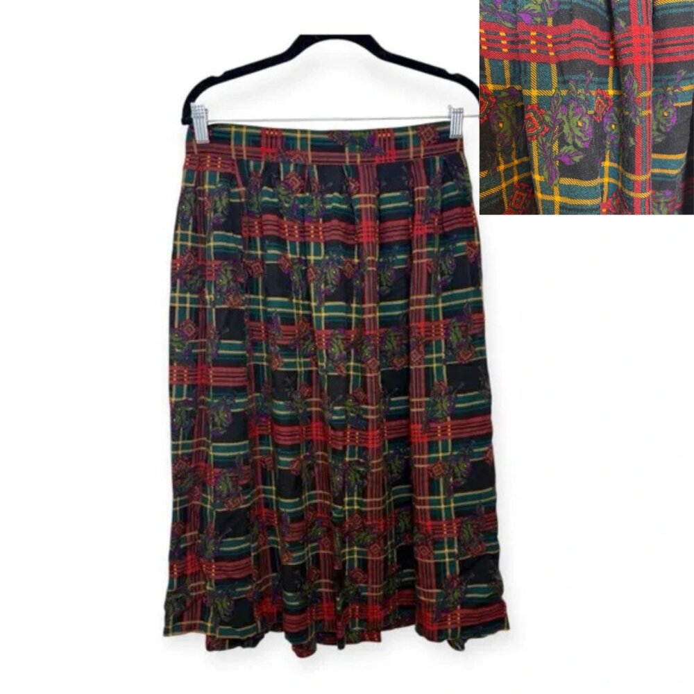 Vintage Lee David Floral Plaid Midi Skirt Classic Tartan Dark Academia Size 14